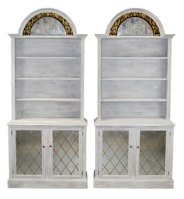 Pair of mid century Dorothy Draper style arched cabinets with egolimise glass