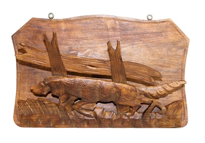 French carved wall pocket with hunting dog