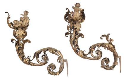 Pair large scale Italian wrought iron candle wall sconces with acanthus