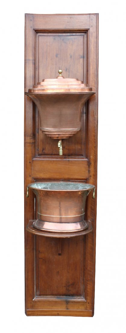 French copper lavabo wall fountain mounted on: walnut panel. 19th century. 83 3/4"h x 20 1/8"l x 12 1/2"d