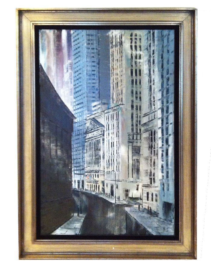 Oil on canvas New York skyline signed Robert Lebron: Robert Lebron, American b. 1928. 36"h x 24"w