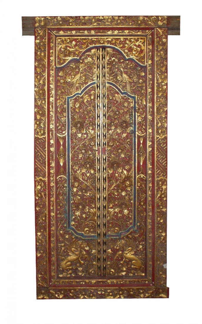 Painted heavily carved Balinese temple doors: 82"h x 46 1/2"l x 4 3/4"d