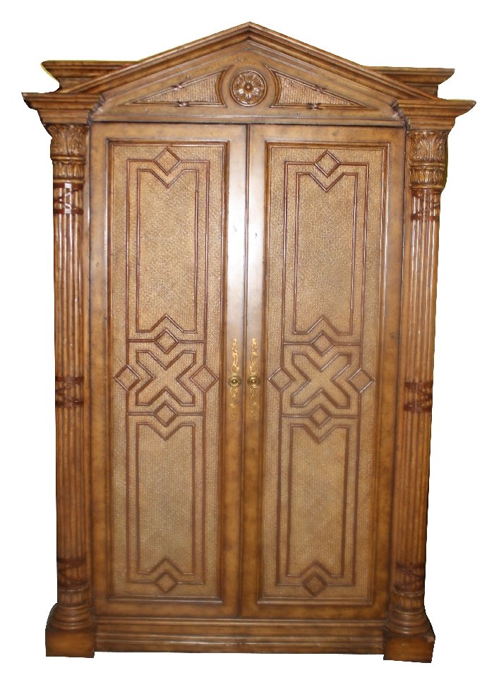 Maitland Smith 2 door rattan armoire with fitted d: 88"h x 59"w x 27 1/4"d