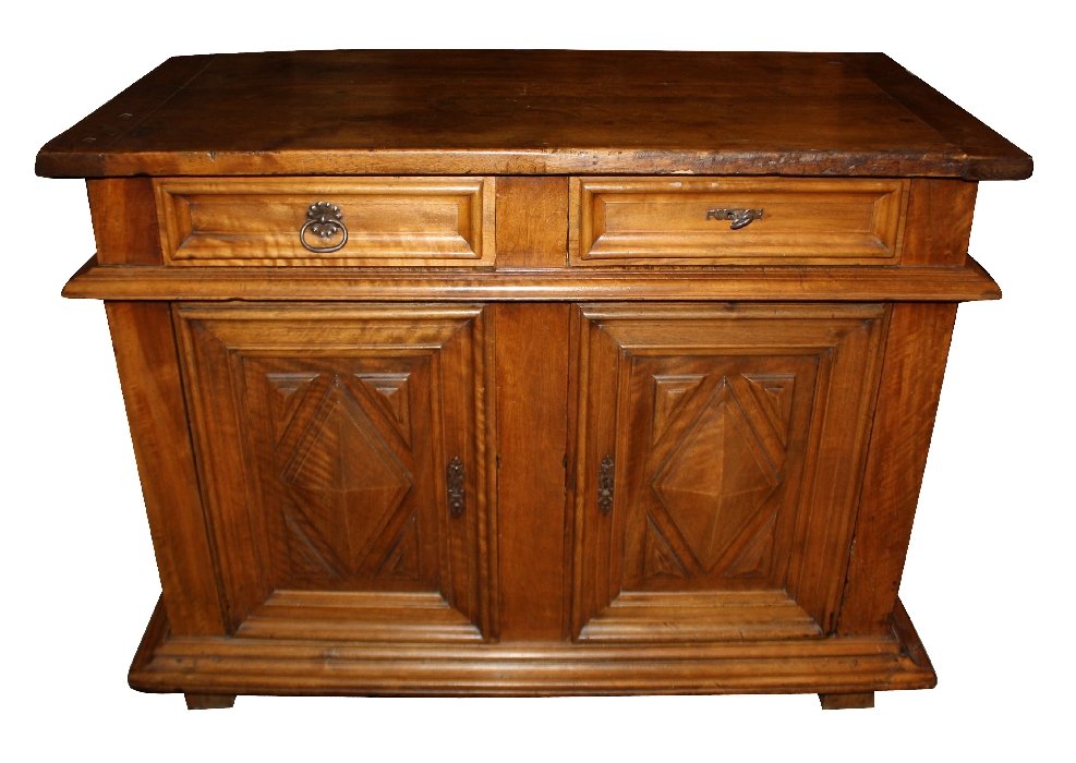Antique French Louis XIII buffet bas in walnut: with geometric and raised panels. Late 18th/early 19th century. 35 3/4"h x 49"l x 24 1/4"d