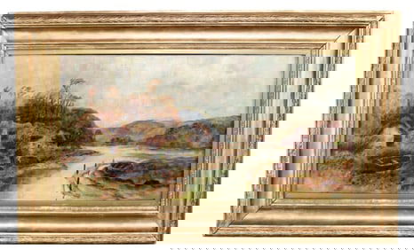 French oil on canvas painting landscape with river and cottage