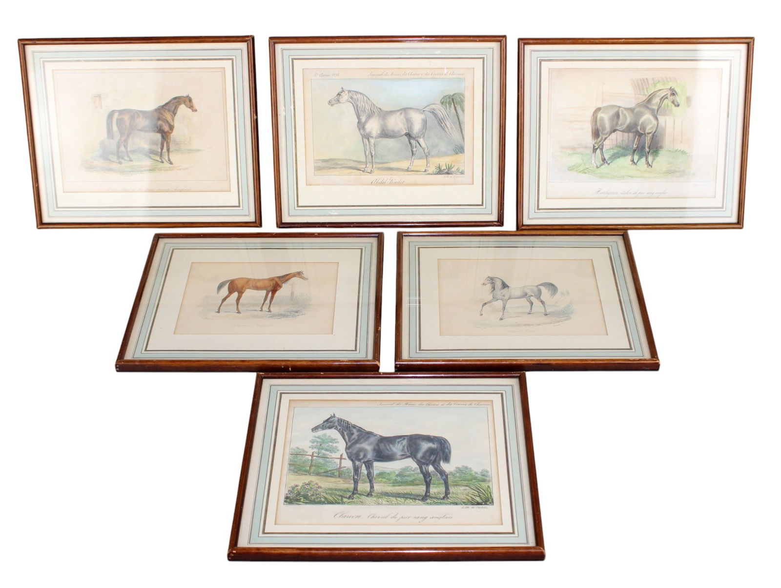 Set of 6 French Victor Adam hand colored horse engravings: Set of 6 French Victor Adam (Jean Vincent Adam, French 1801-1866) hand colored horse engravings. Signed in plate V. Adam del Lalaisse Sc. Gallery label en verso Vandevoorde 22, rue Vignon Paris Overal