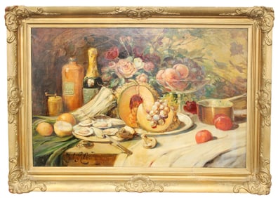 French oil on canvas still life with oysters and melon