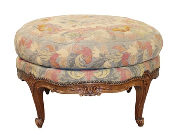 French Louis XV style carved walnut poof with needlepoint cushion