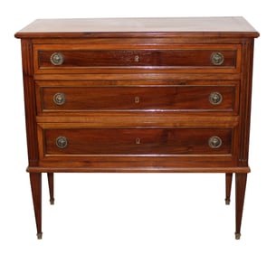 French Louis XVI style petite 3 drawer commode on legs