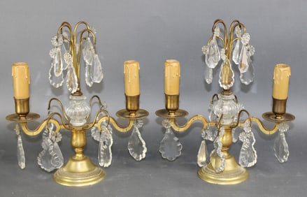 Pair of French brass 2 arm candelabra with crystals drops
