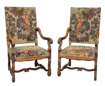 Pair of French carved os du mouton armchairs with studded tapestry upholstery