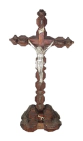 French Tramp Art crucifix with silverplate Jesus