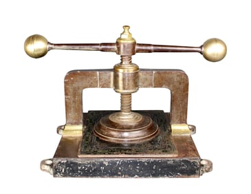 French cast iron book press with brass balls and pin striping