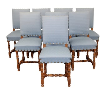 Set of 8 French side chairs in oak with blue studded upholstery
