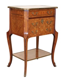 French petite 3 drawer commode on legs with marquetry and bronze trim