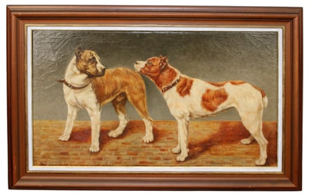 Oil on canvas painting 2 dogs signed l/r F. de Kleyn 1924