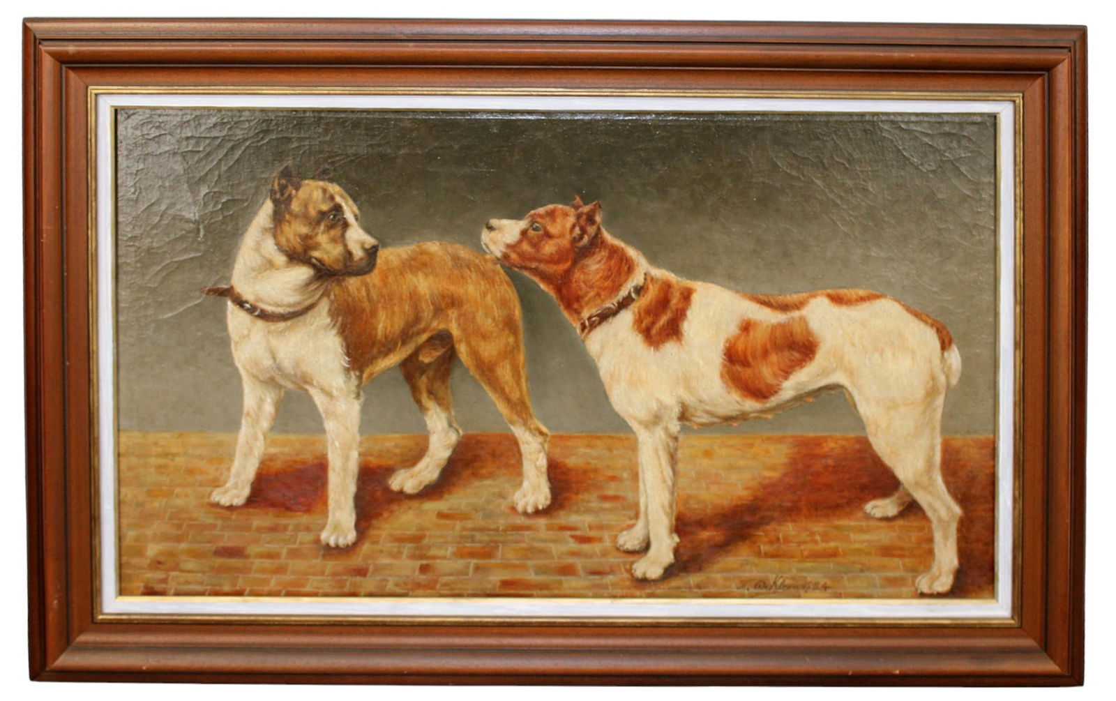 Oil on canvas painting 2 dogs signed l/r F. de Kleyn 1924 (1 of 8)