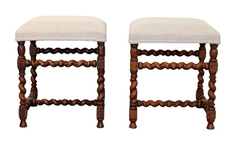 Pair of French stools in walnut with barley twist legs & upholstered seats