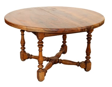 French round farmhouse table on legs with cross stretcher with 1 leaf