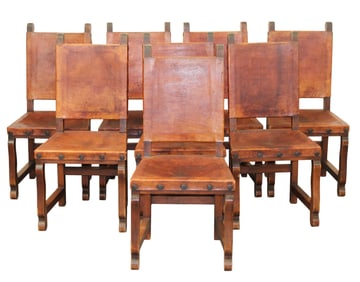 Set of 8 Spanish Brustalist side chairs in pine with leather seat and back