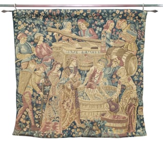 French woven tapestry depicting grape harvest scene