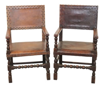 Pair of English amchairs in oak with studded leather upholstery