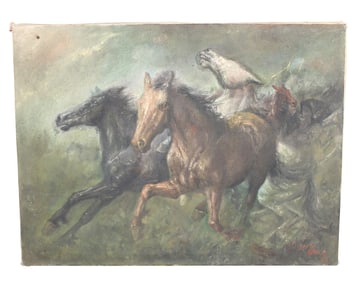 Continental oil on canvas painting of wild horses galloping