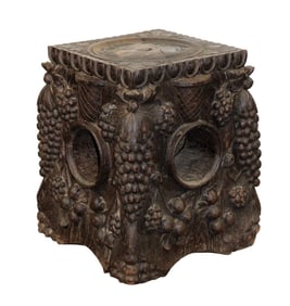French low pedestal or stool in oak carved with grapes