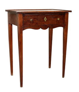French petite farmhouse side table on tapered legs: French petite farmhouse side table on tapered legs. Oak top on walnut legs. Single drawer. Late 19th century. 28"h x 22 1/4"w x 14 1/2"w