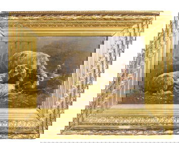 French oil on board pastoral painting with sheep and rooster