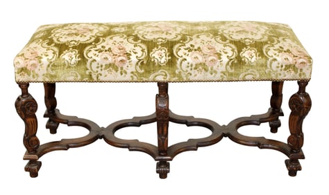 French 6 leg carved walnut bench with floral upholstered seat