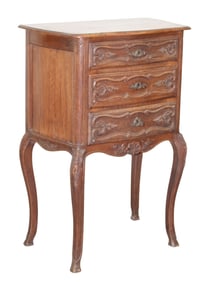 French Louis XV style carved oak 3 drawer commode on legs