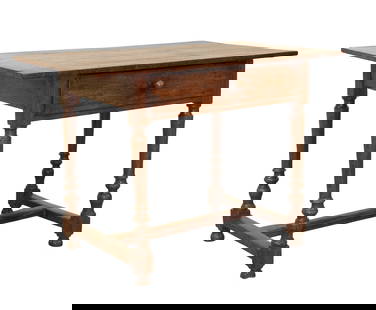 French side table desk in oak on turned legs: French side table desk in oak on turned legs. Late 19th century. 27"h x 39"w x 22 1/2"d