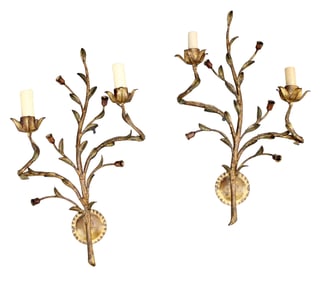 Pair of French gilt metal foliate decorated wall sconces