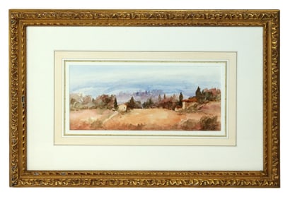Watercolor painting on paper depicting village scene
