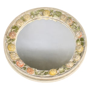 Italian carved wood and polychrome round mirror with flowers