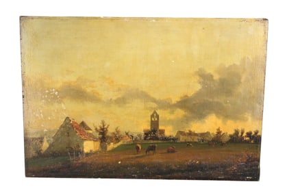French 19th century oil on board pastoral landscape
