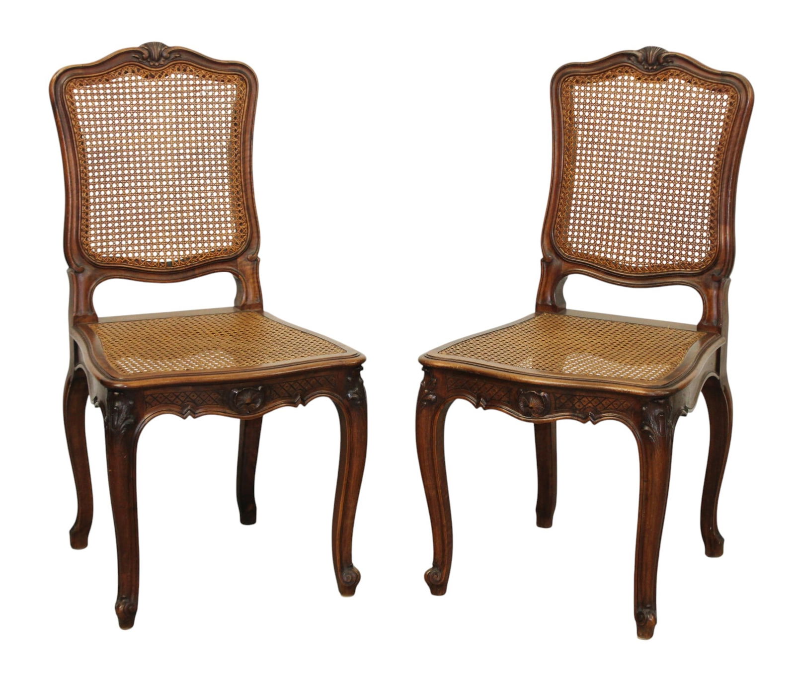 Pair of French Louis XV style carved walnut side chairs with cane seat and back (1 of 10)