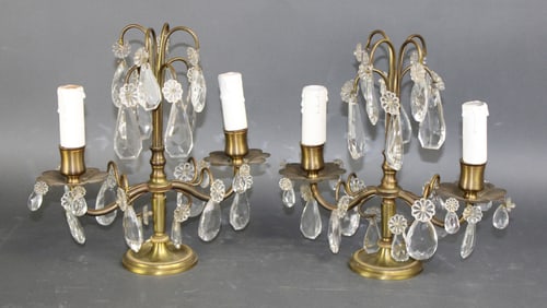 Pair of French brass 2 arm candelabra with crystals drops