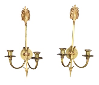 Pair of French Empire style brass 2 -arm candle wall sconces with arrows
