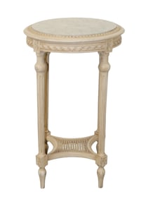 French Louis XVI style round side table with marble top on fluted legs