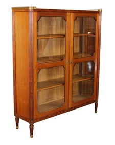 French Louis XVI style 2 door bookcase in walnut with marble top and brass gallery