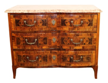 French Baroque marquetry commode with marble top