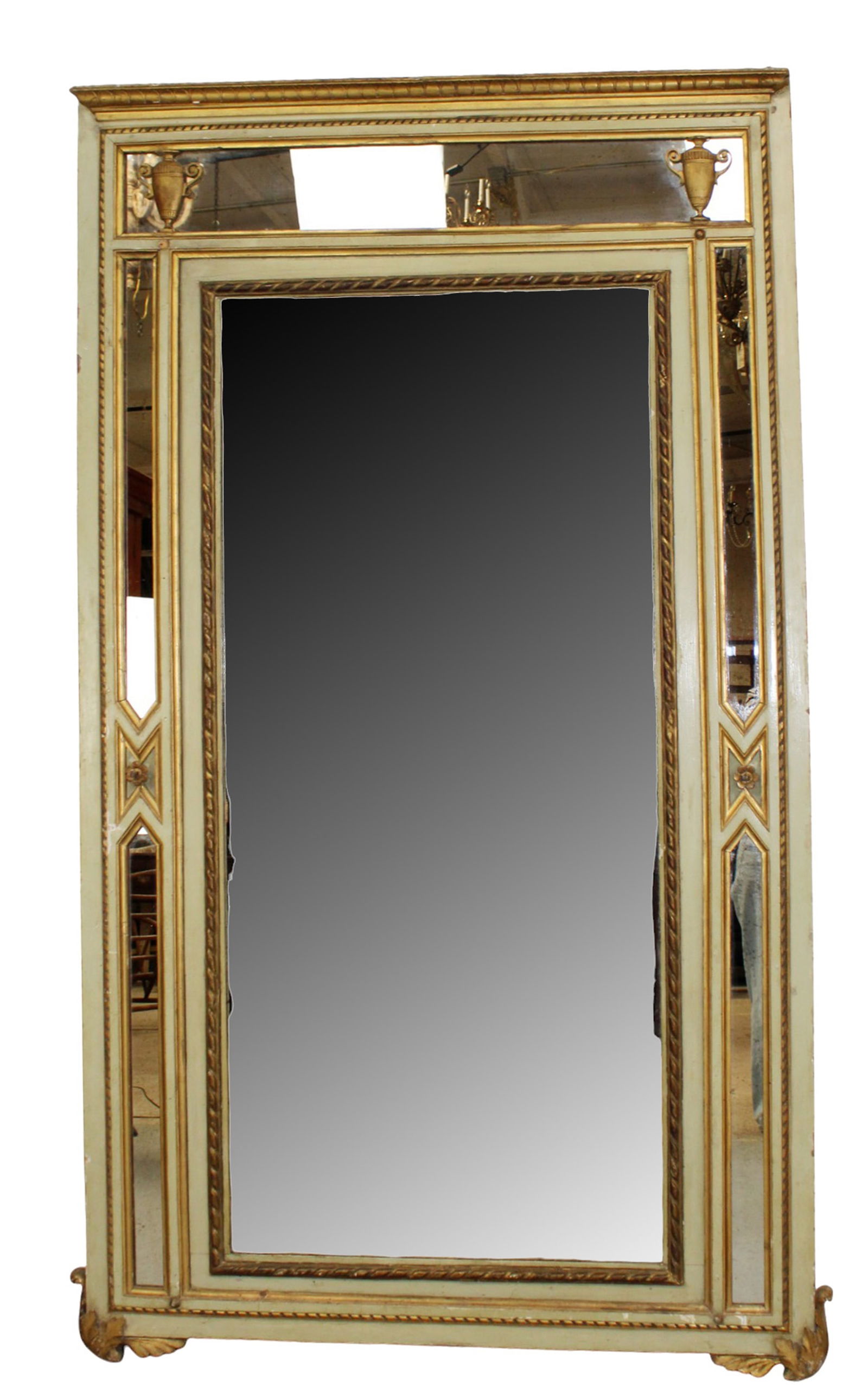 French Empire trumeau mirror in parcel gilt with urns: French Empire painted trumeau mirror in parcel gilt with urns. 85"h x 49 1/2"w