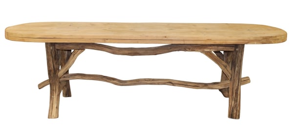 French modern farmhouse oval dining table in bleached oak with naturalistic twig base