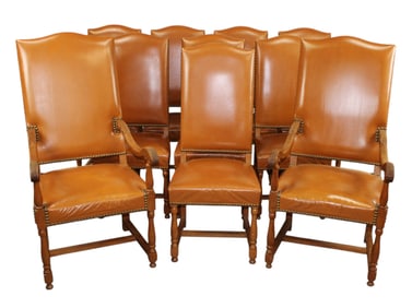 Set of 10 French oak dining chairs upholstered in leather with nail head trim
