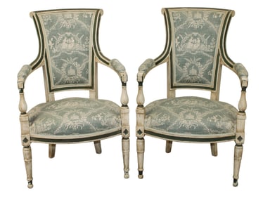 Pair of French Louis XVI style painted armchairs with flared back and toile upholstery