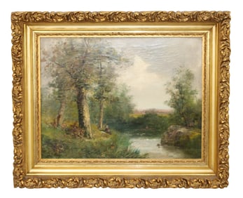 Continental oil on canvas painting landscape with river
