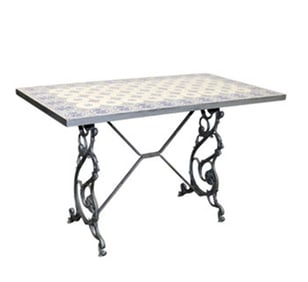 French blue & white tile top table on iron base
