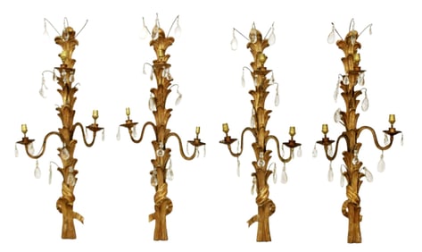 Lot of 4 Italian gilt wood 3-arm wall sconces